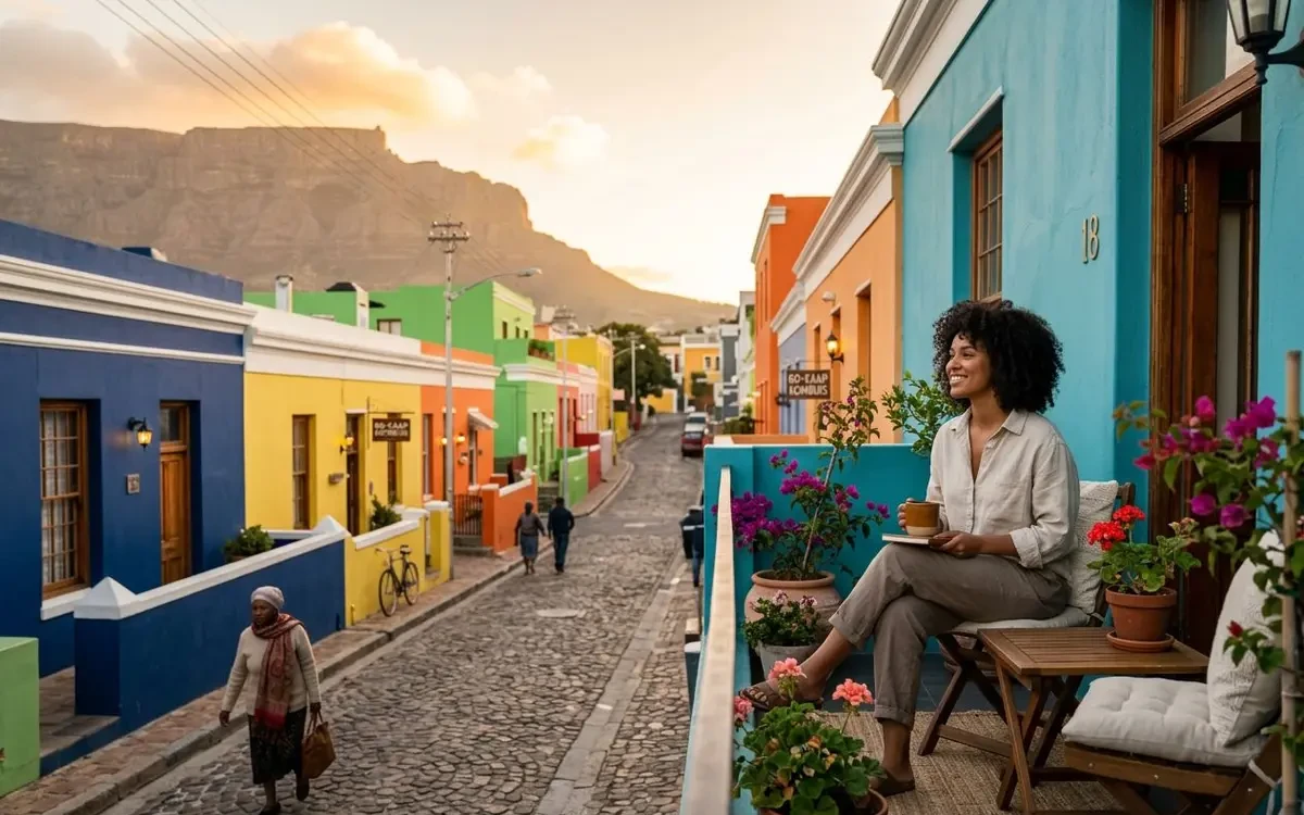 Charming Bo-Kaap street with colourful houses and a welcoming Airbnb entrance in the Cape Town neighbourhood