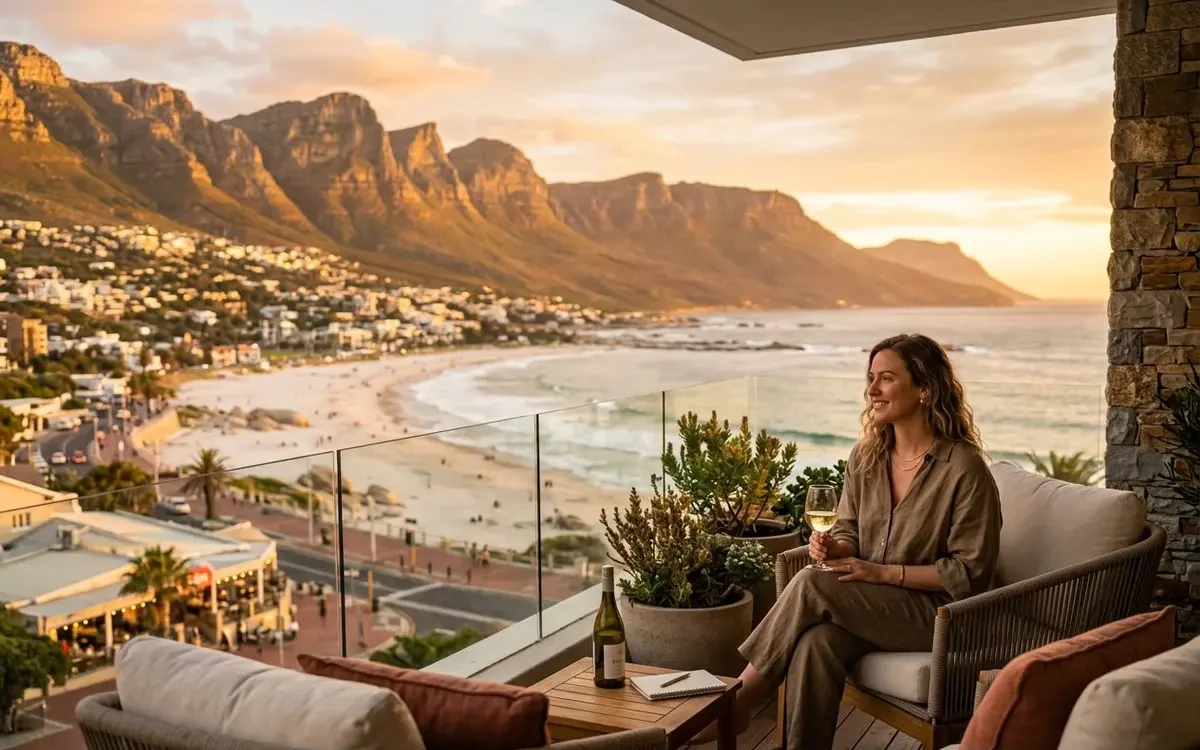 Camps Bay beach at sunset with the Twelve Apostles mountain range behind and palm trees along the strip