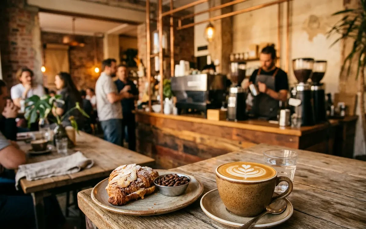 Barista pouring a latte in a sunlit Cape Town specialty coffee roastery with burlap bean sacks in the background