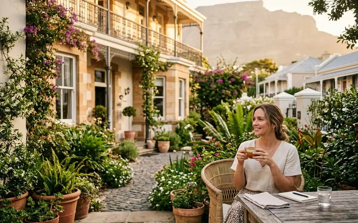 Heritage Victorian guesthouse in Cape Town with a lush courtyard garden and warm evening lighting