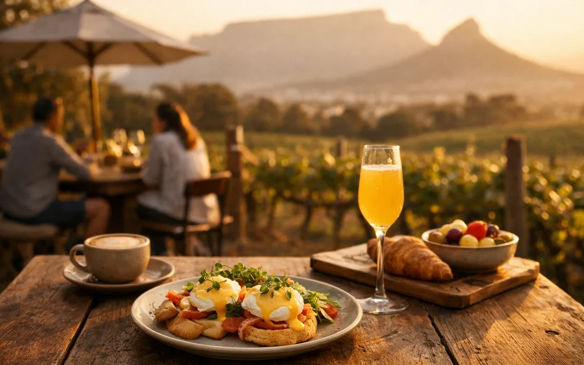 Bustling Cape Town brunch café with avocado toast, shakshuka, and friends enjoying a meal in a warehouse-style venue