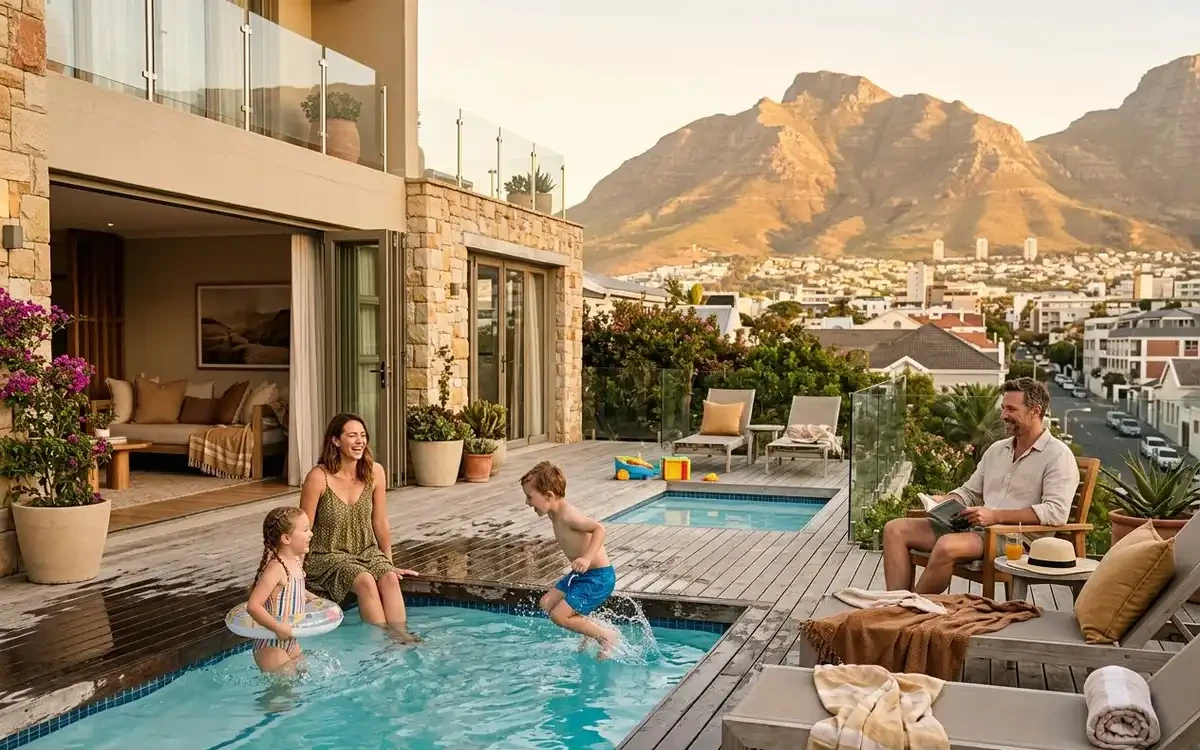 Family-friendly Cape Town hotel pool area with mountain views and families enjoying a sunny afternoon