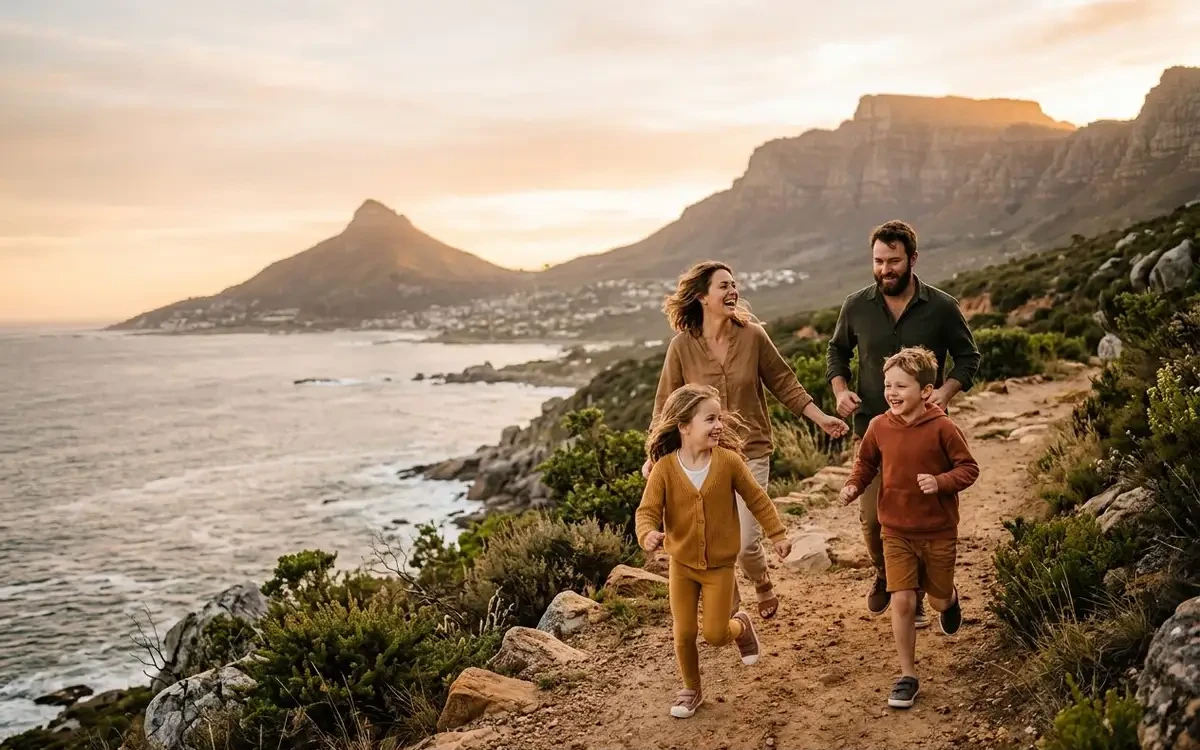 Family enjoying outdoor activities in Cape Town with children exploring a nature reserve on a sunny day