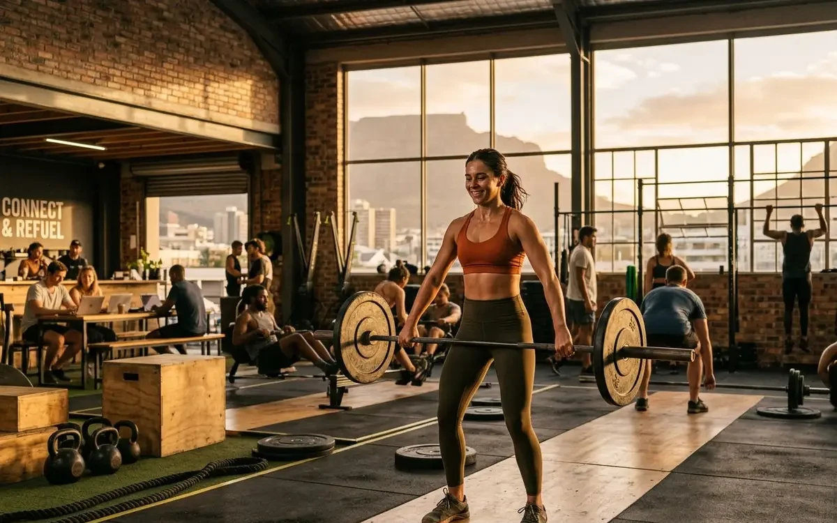 Modern gym interior in Cape Town's City Bowl with natural light, yoga mats, and mountain views through the window