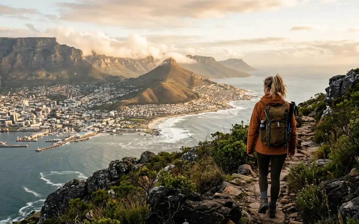 Hiker on a Cape Town mountain trail with panoramic views of the city, ocean, and Table Mountain at golden hour