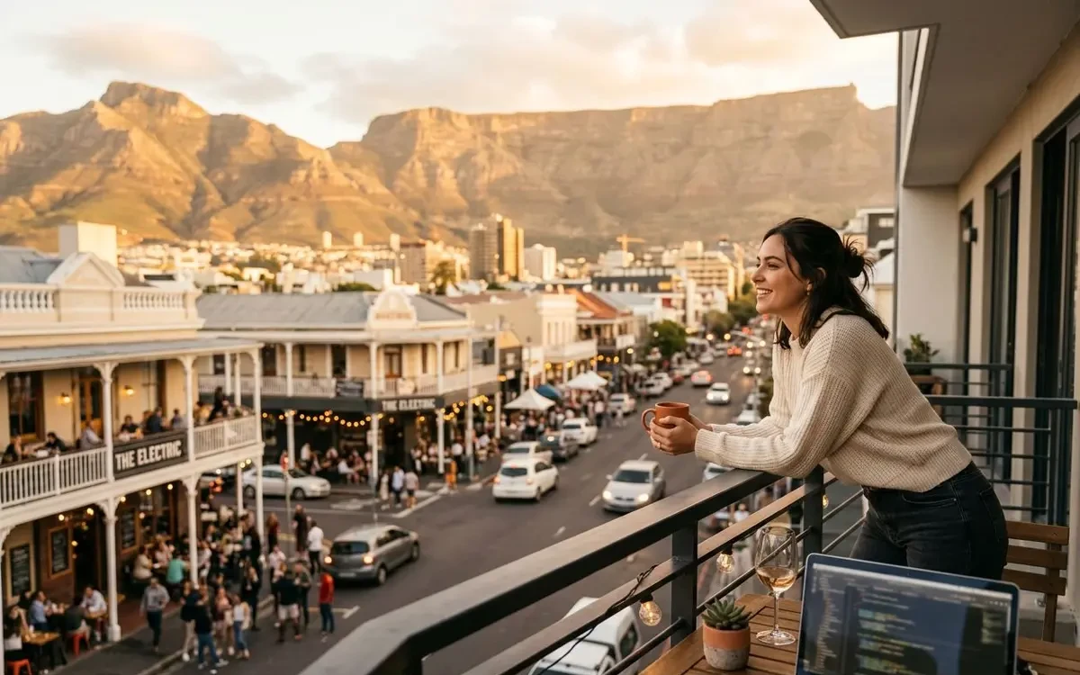 Young professional on a Woodstock apartment balcony overlooking Cape Town's skyline with Table Mountain in the distance