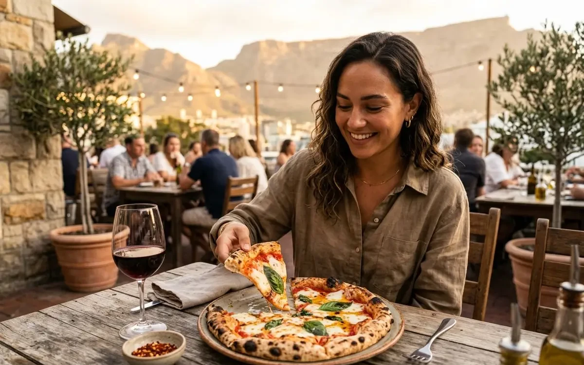 Wood-fired Neapolitan pizza fresh from the oven at a rustic Cape Town pizzeria with warm ambient lighting