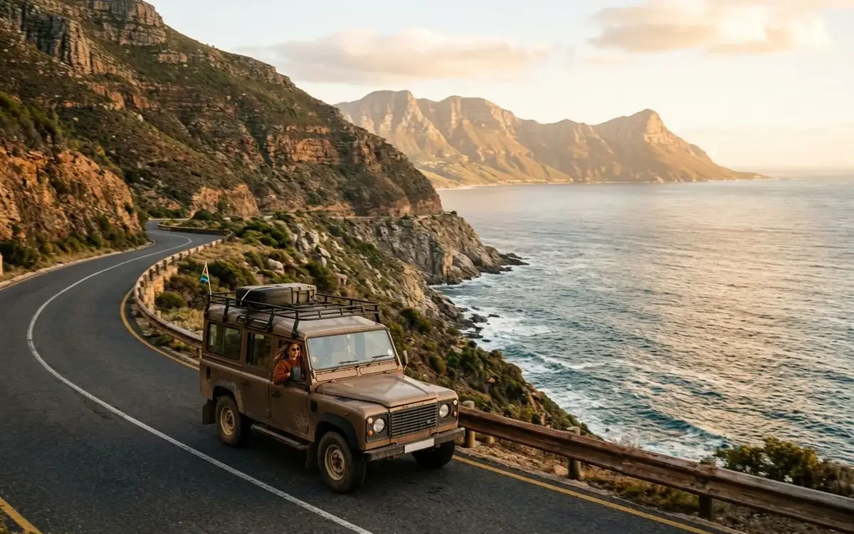 Winding coastal road along Chapman's Peak Drive with dramatic cliffs, ocean below, and golden afternoon light
