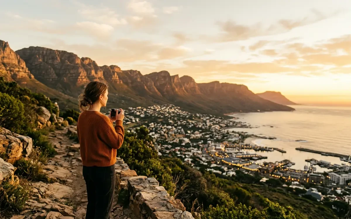 Golden sunset over Cape Town from Signal Hill with the city and ocean glowing in warm light