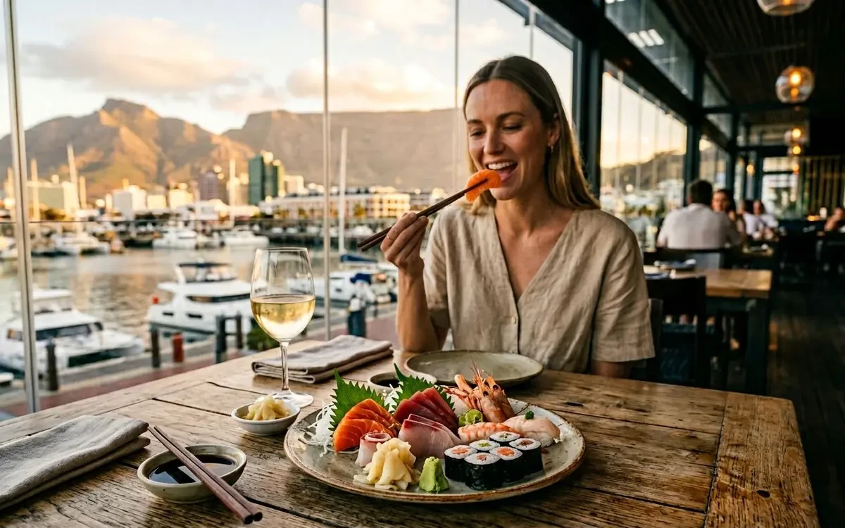 Elegant sashimi platter at a harbour-side Japanese restaurant in Cape Town with ocean views through the window
