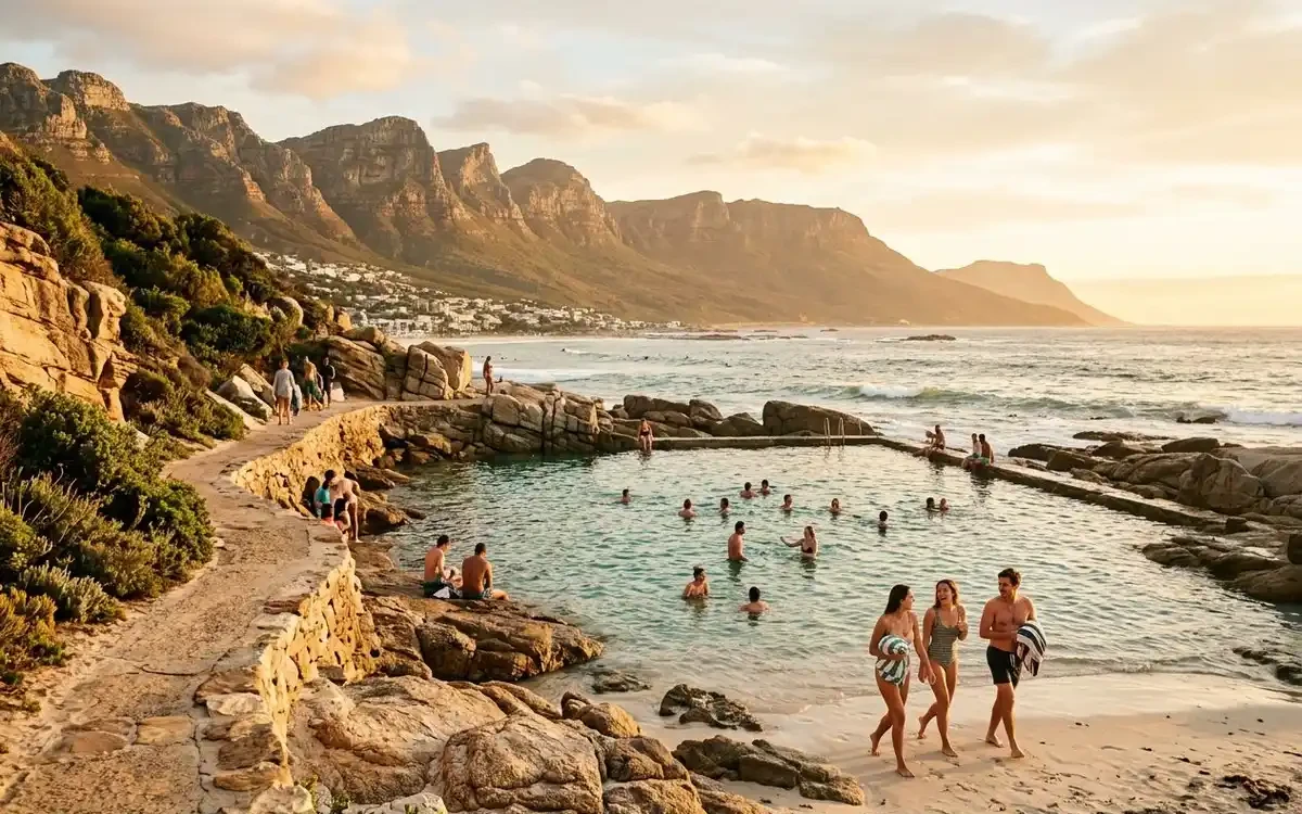 Crystal-clear tidal pool at a sheltered Cape Town beach with turquoise water and rocky coastline