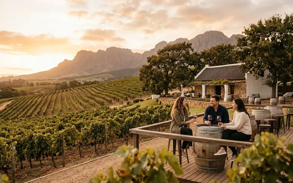Cape Winelands estate at sunset with neat vineyard rows, a historic manor house, and golden mountain light