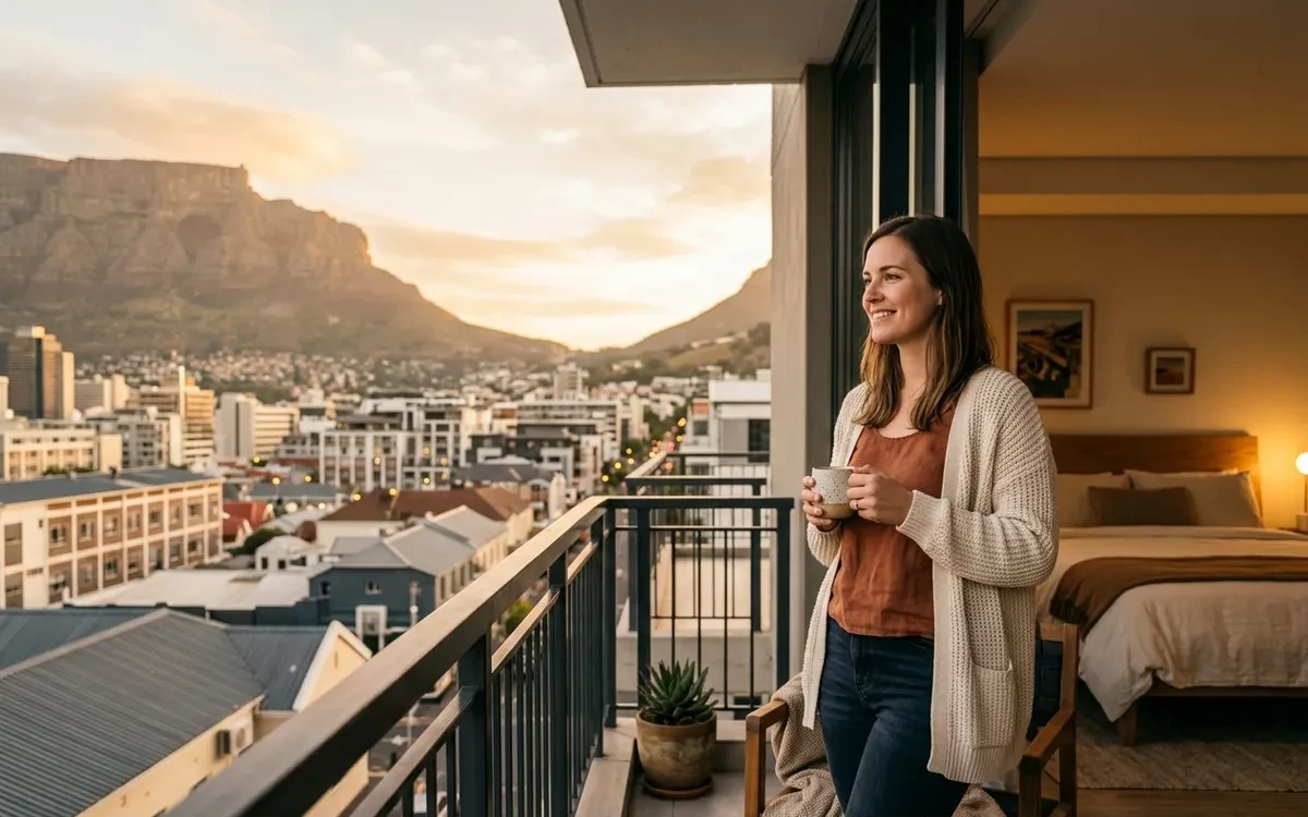 Clean modern hotel room in Cape Town with large windows overlooking the city skyline at golden hour