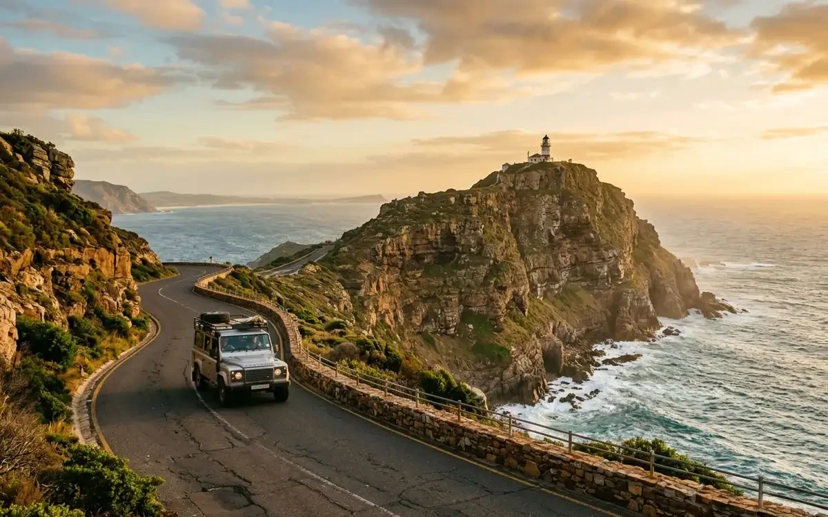 Dramatic Cape Point lighthouse perched on rocky cliffs with crashing waves and vast ocean stretching beyond