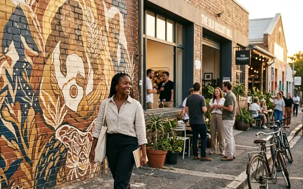 Colourful street art mural on a Woodstock building with an artist at work and gallery entrance visible