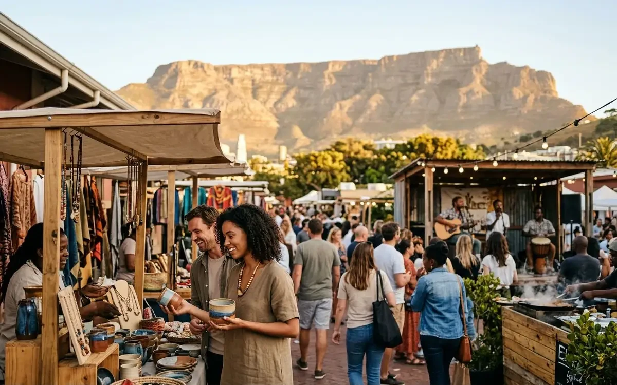 Vibrant Cape Town weekend market with handmade craft stalls, colourful textiles, and live music atmosphere