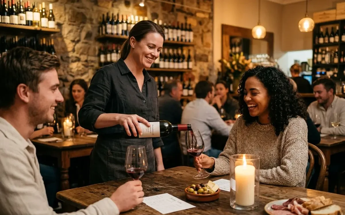 Candlelit wine bar interior in Cape Town with glasses of red wine on a wooden counter and warm golden lighting