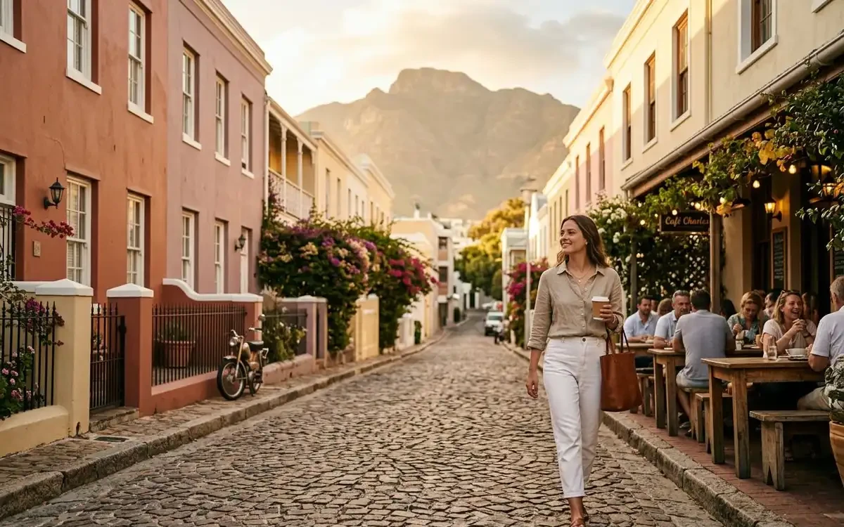 Pastel-coloured Georgian houses on a cobblestone street in De Waterkant with café terraces and warm light