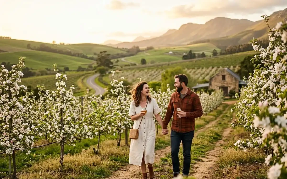 Lush Elgin Valley with apple orchards in bloom, green rolling hills, and a craft brewery in the distance