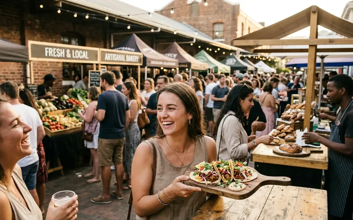 Bustling Neighbourgoods Market in Woodstock with street food stalls, diverse crowd, and industrial warehouse backdrop