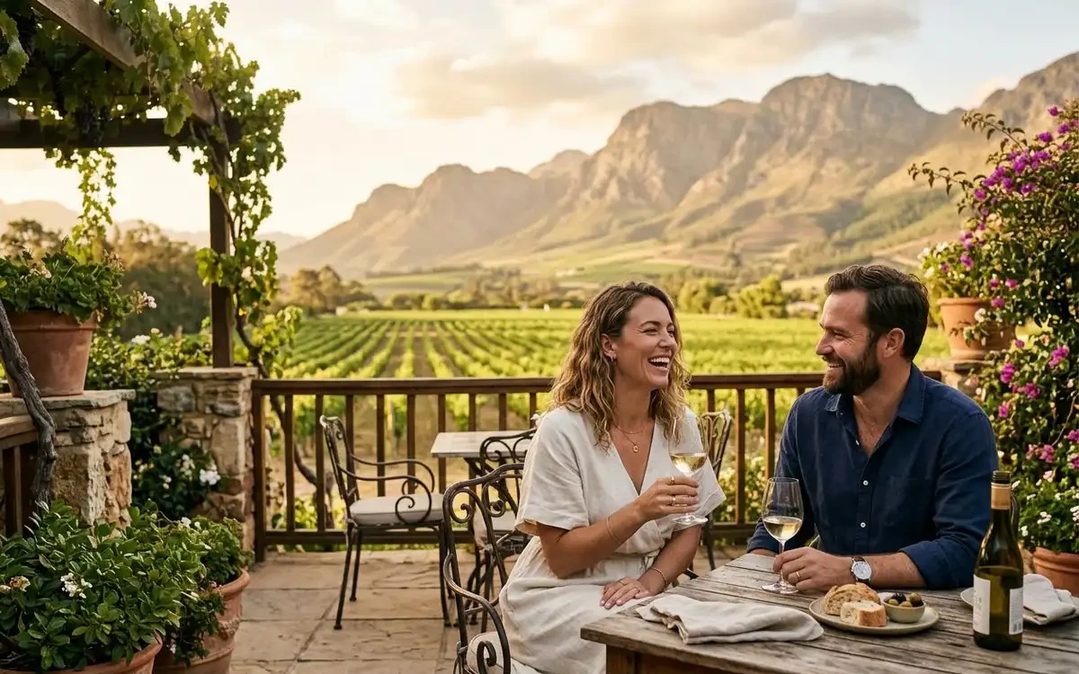 Franschhoek wine valley with vineyard rows leading to mountains, a French-style restaurant terrace in the foreground