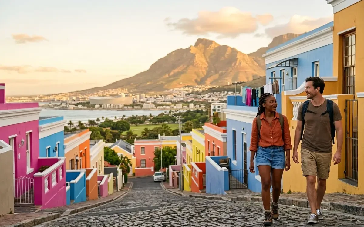 Colourful Bo-Kaap houses lining a cobblestone street in Cape Town with Signal Hill in the background