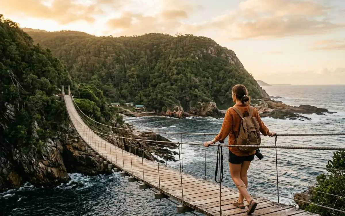 Storms River suspension bridge stretching over a forested gorge on the Garden Route with ocean in the distance