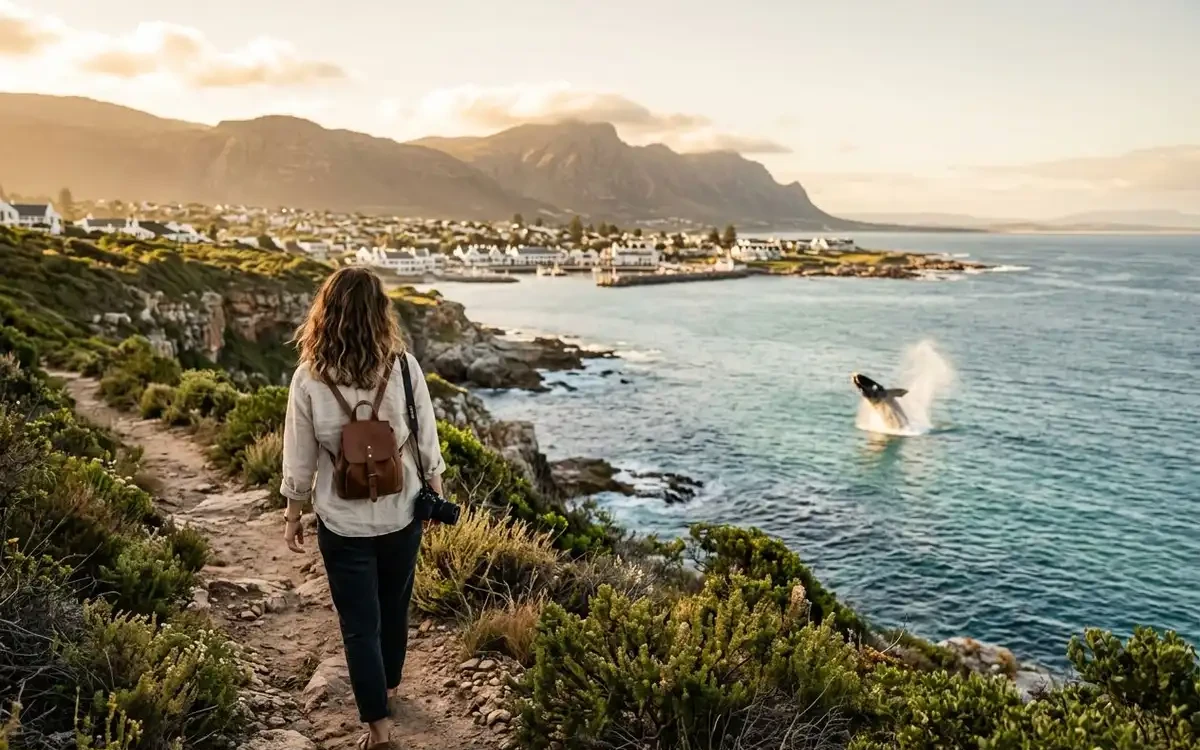 Hermanus cliff path with the harbour below, Walker Bay stretching out, and a whale breaching in the distance
