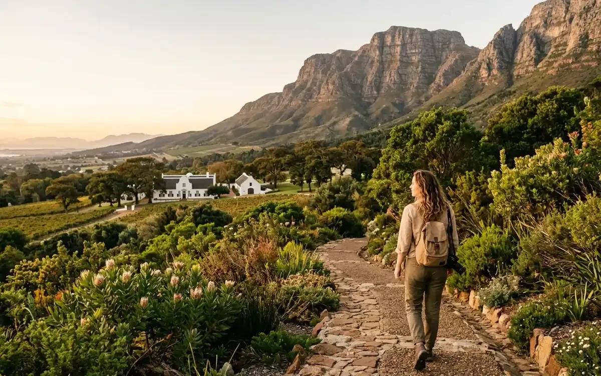 Tree-lined pathway at Kirstenbosch Botanical Gardens with fynbos and Table Mountain rising behind