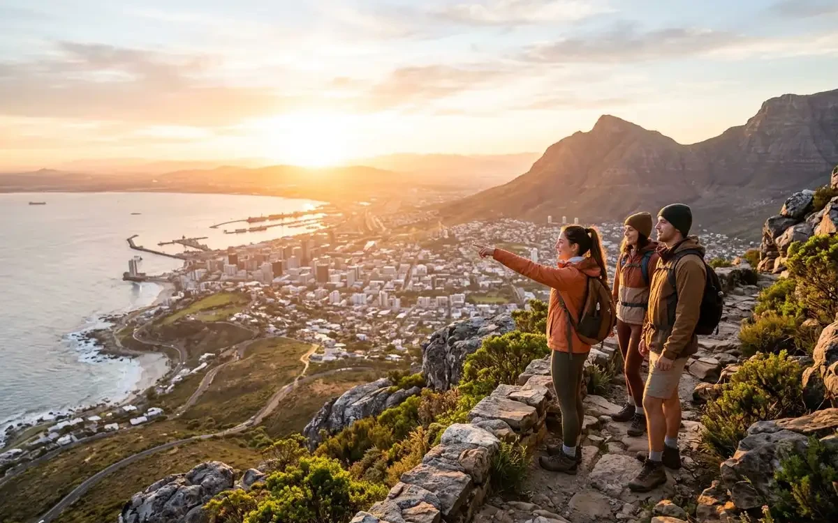 Sunrise view from Lion's Head summit with golden light over Cape Town, the Atlantic Ocean, and Table Mountain