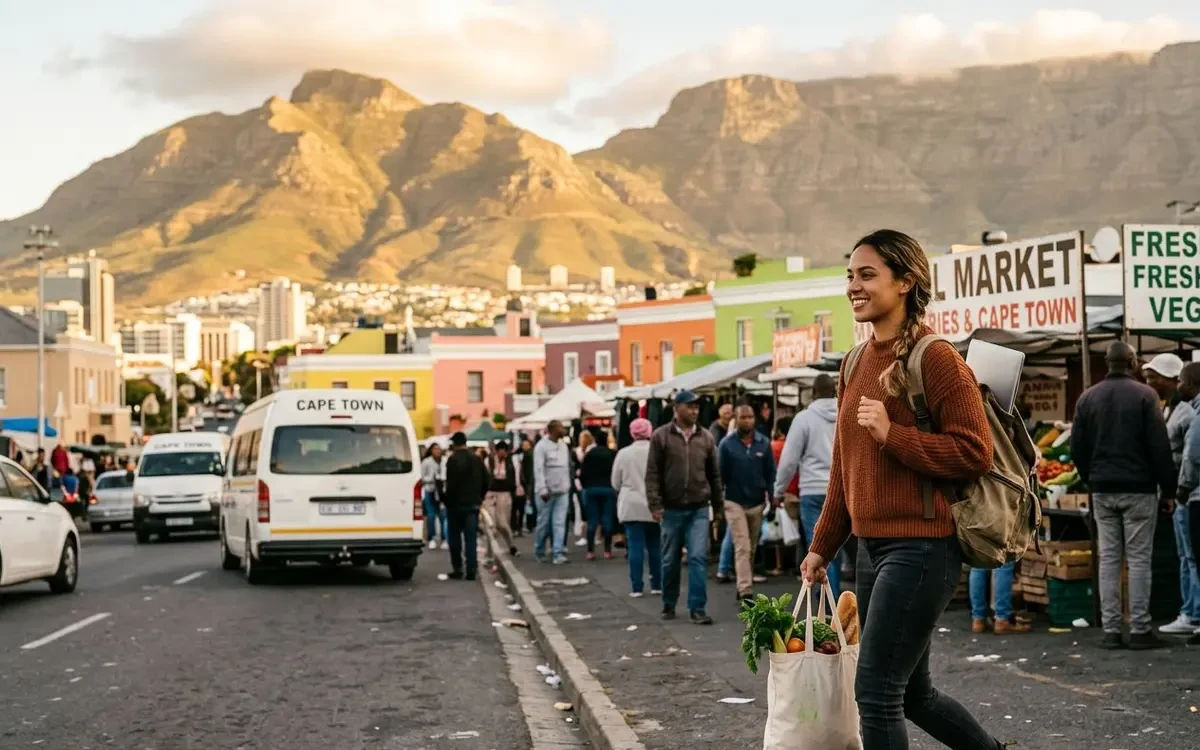 Everyday Cape Town street scene with locals walking through a neighbourhood with Table Mountain in the background