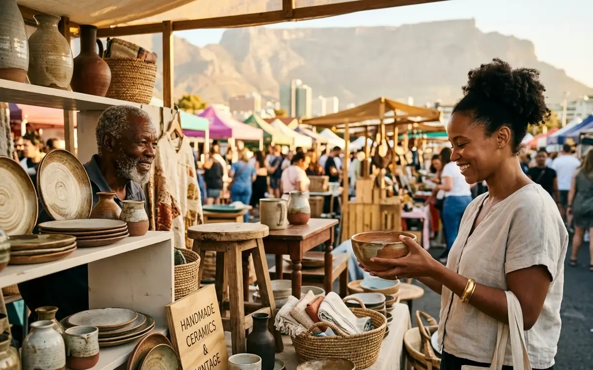 Handmade ceramics and vintage home décor displayed at a Cape Town artisan market stall