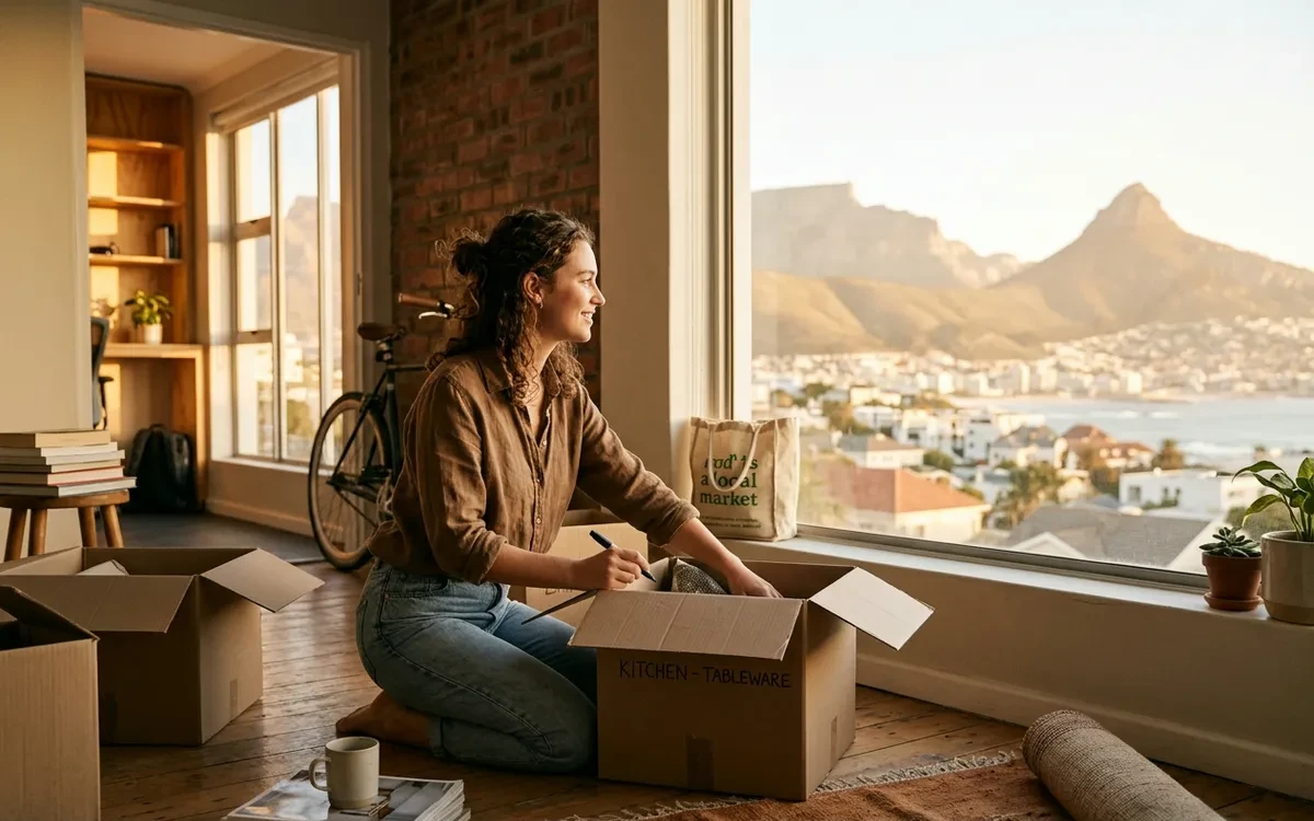 Moving boxes in a bright Cape Town apartment with Table Mountain visible through the window on moving day
