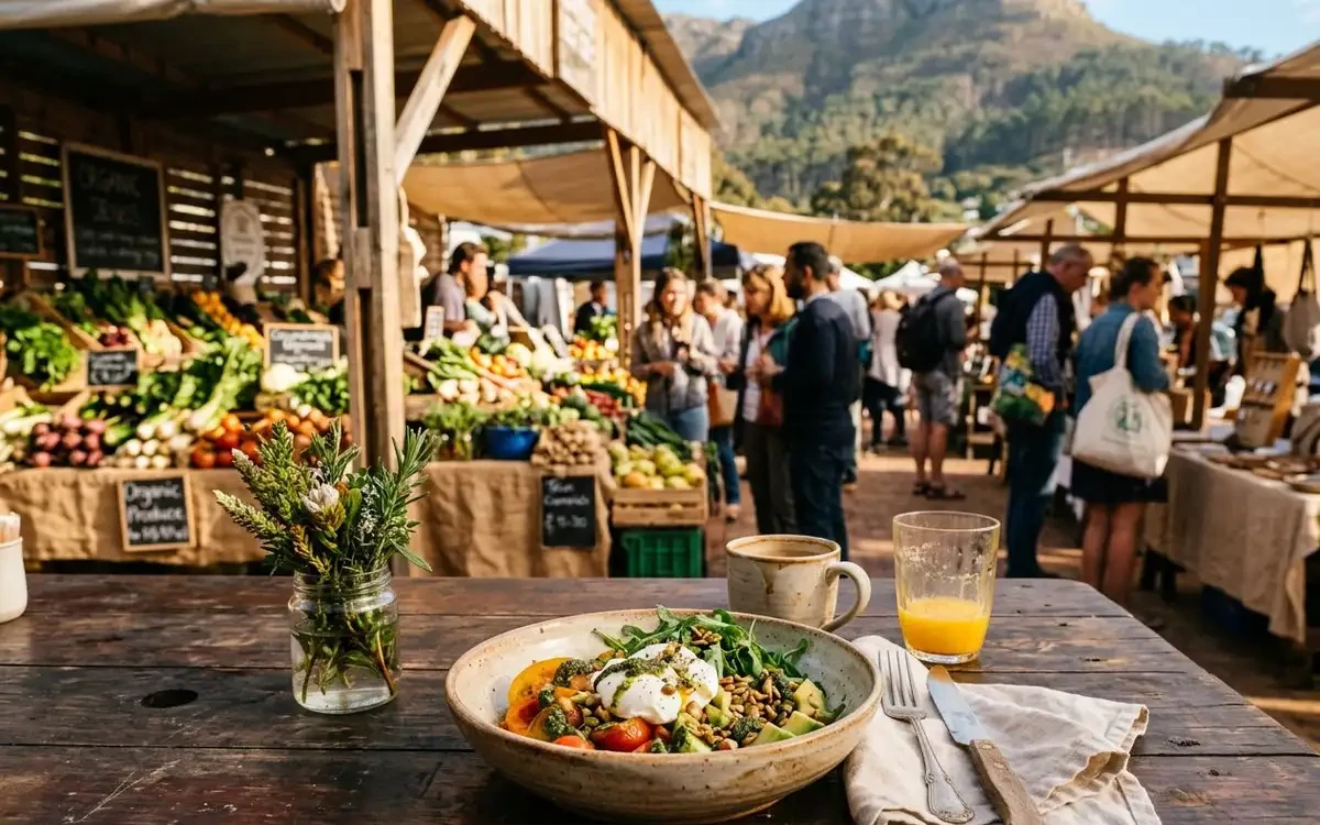 Colourful organic produce stalls at Oranjezicht City Farm Market on a sunny Cape Town Saturday morning