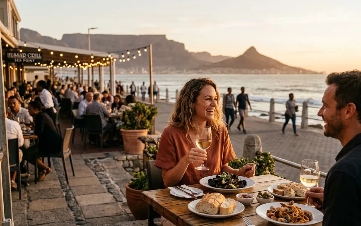Evening dining scene at a Sea Point promenade restaurant with ocean views and warm string lights