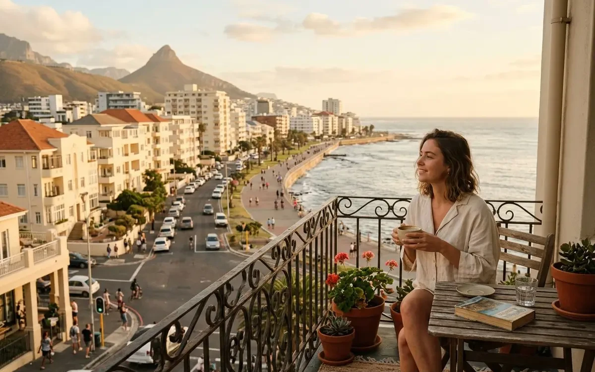 Sea Point promenade with Art Deco apartment buildings, joggers, and the Atlantic Ocean at sunset