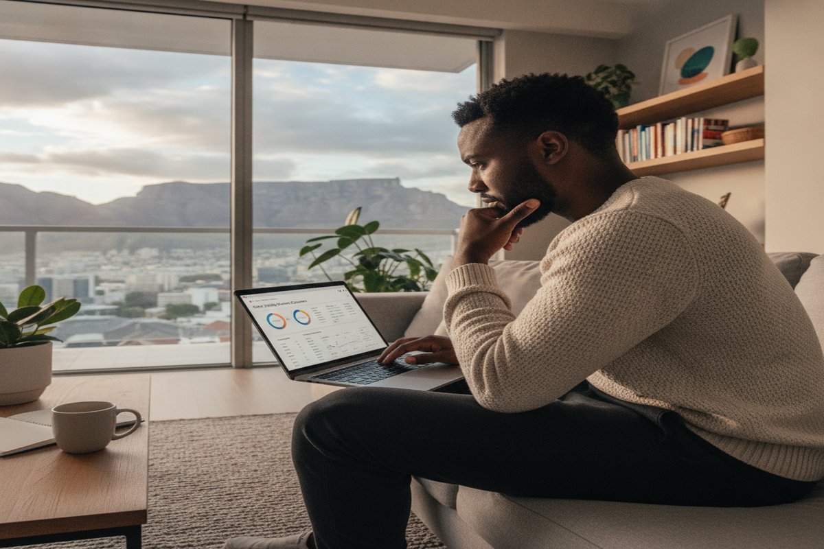 A South African trader reviewing online trading platforms on a laptop