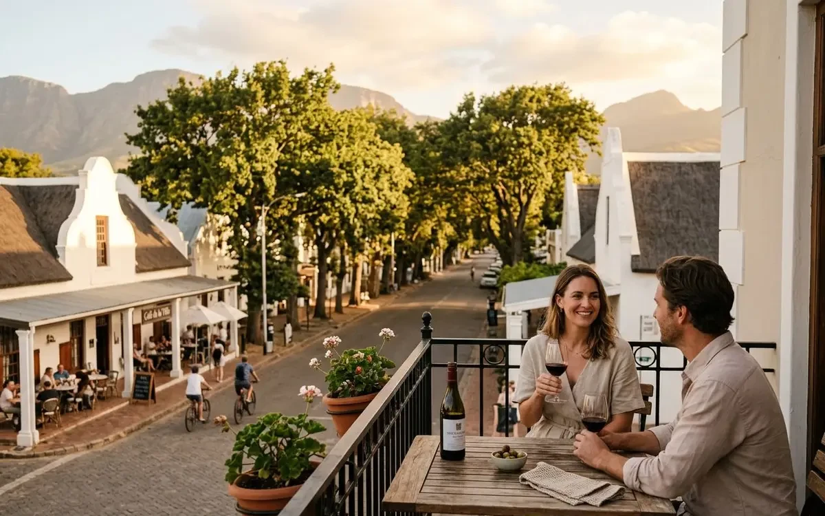 Oak-lined avenue in Stellenbosch with Cape Dutch gabled buildings and warm afternoon light filtering through
