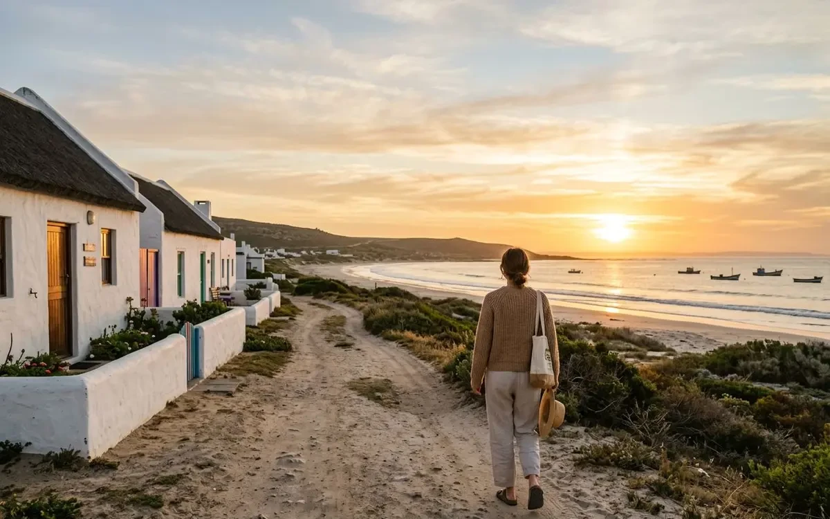 Whitewashed fisherman cottages along the Paternoster shoreline with a golden West Coast sunset over the Atlantic