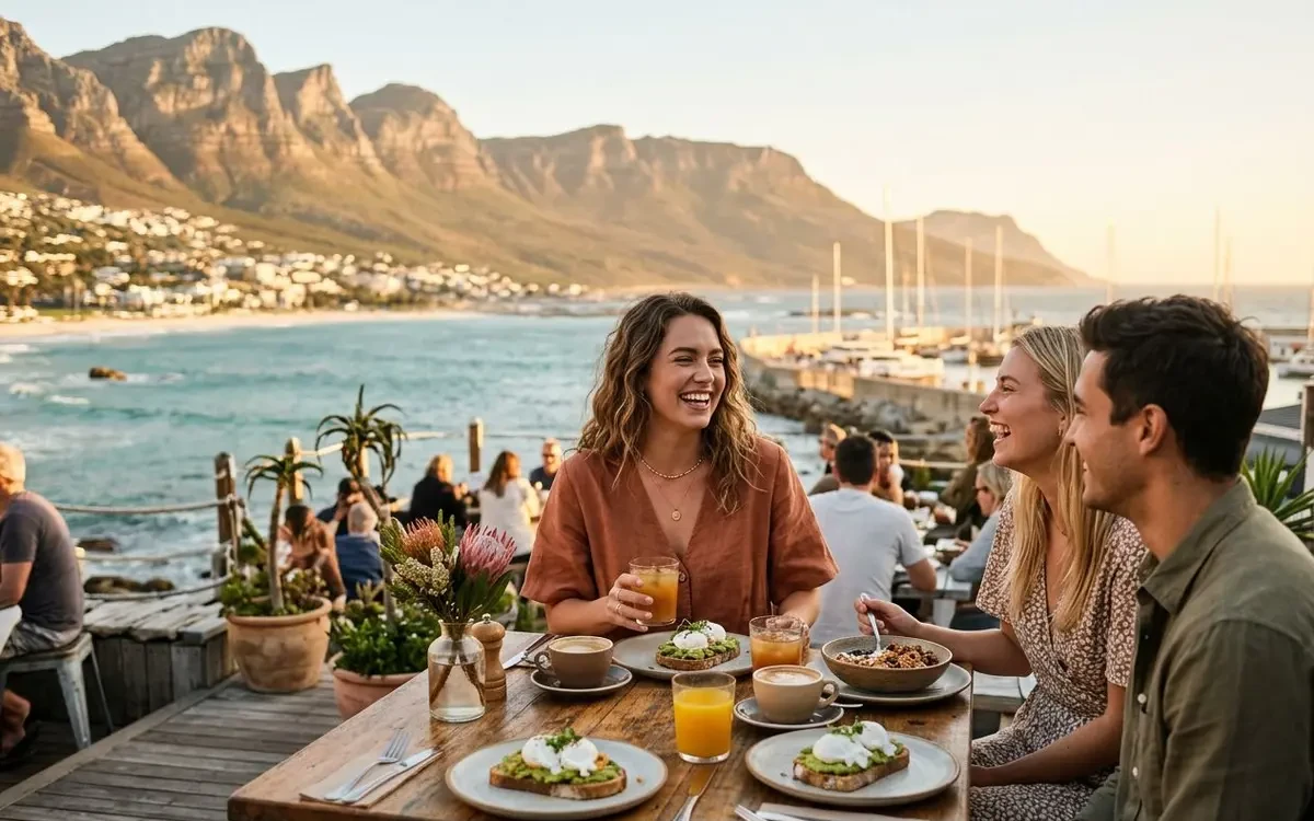 Relaxed weekend scene at the V&A Waterfront with people strolling along the harbour at golden hour
