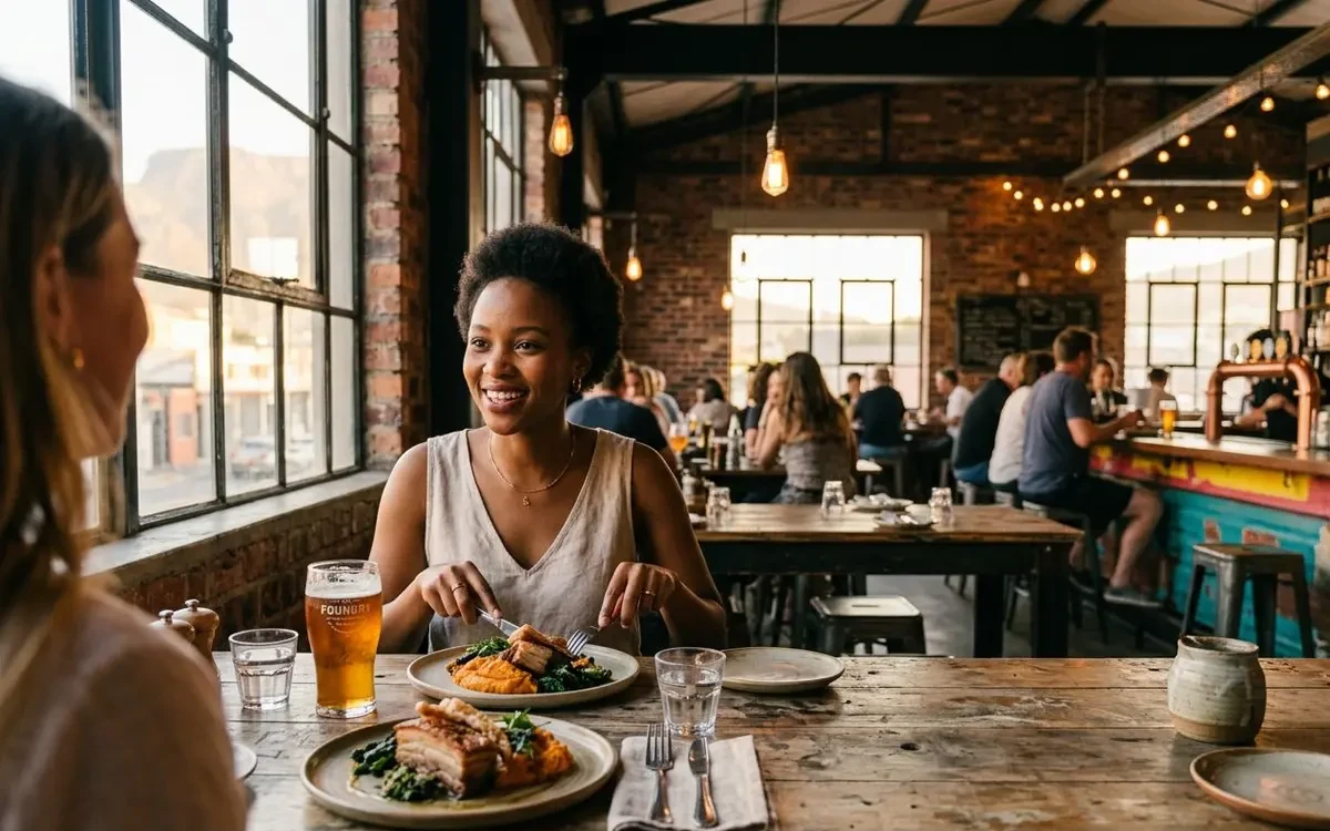 Industrial-chic restaurant interior in Woodstock, Cape Town, with exposed brick walls and craft beer taps